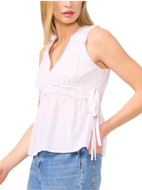 1.STATE Aurora Top cotton off white striped sleeveless blouse with ties XL